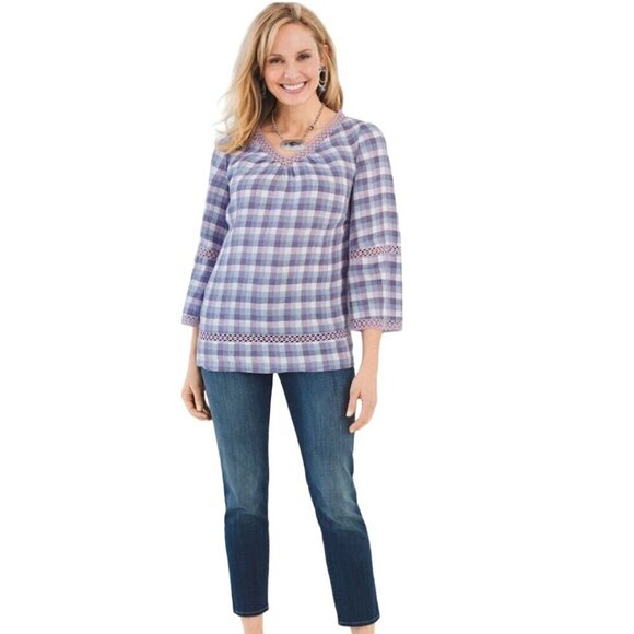 Chico's Crochet Detail Gingham Linen Popover Tunic Top Size S - Picture 4 of 8